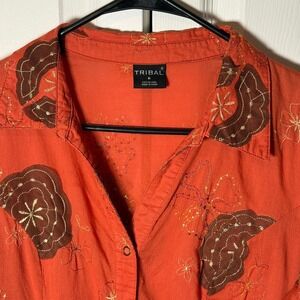 Tribal Embroidered Snap Front Shirt Rust/Orange Brown Floral 3/4 Sleeve Size 6